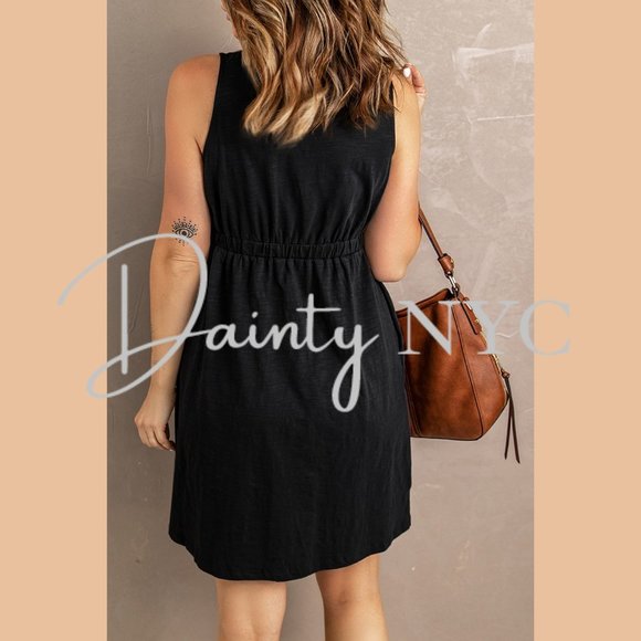 Casual Everyday Button Mini Dress Black - Picture 3 of 9